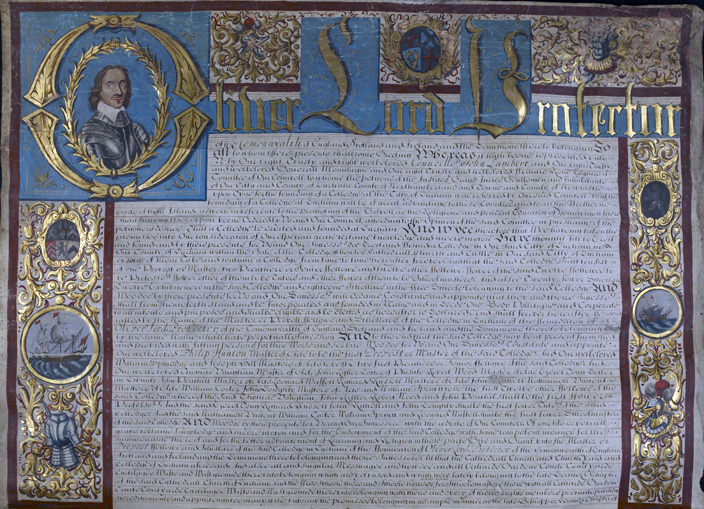 Detail of the document drawn up by Oliver Cromwell in 1657 to formally establish an institution of higher learning in Durham. 
